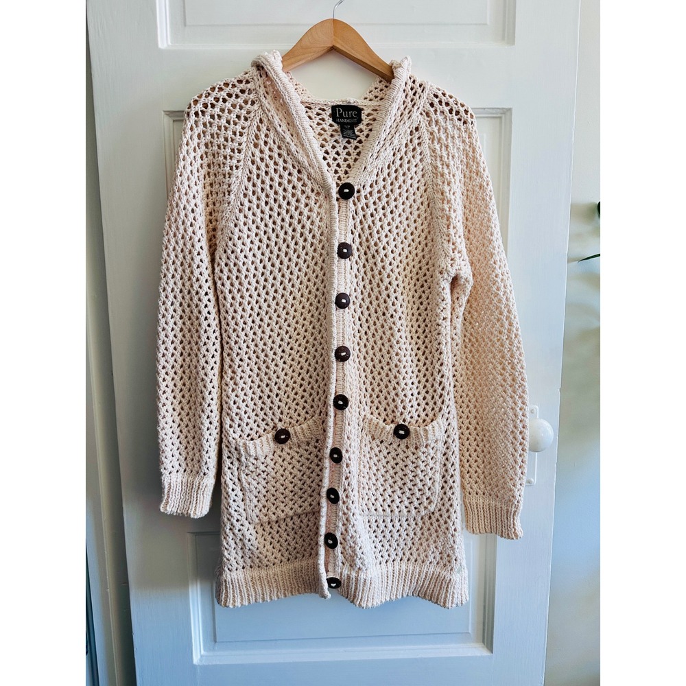 Pure Handknit Cream Cotton Open Crochet Hooded Cardigan Sweater S/M Longline